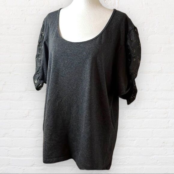 𝅺caren Sport gray short sleeve T-shirt lace embellished sleeves scoop neck SZ 3X - Picture 1 of 8
